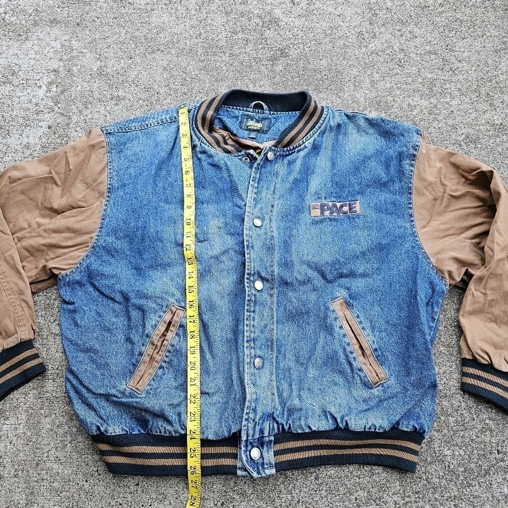 VTG 90s Dunbrooke Pace Denim Varsity Bomber Trucker Jacket Blue Tan Mens Size XL - Picture 11 of 16